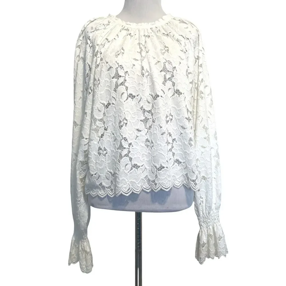 Free People Olivia Floral Lace Top Womens Medium Ivory Scalloped Trim Boho